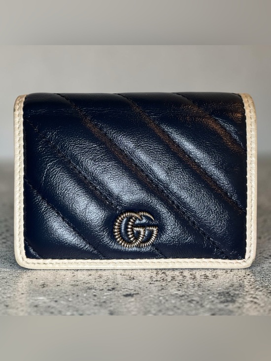 Gucci Handbags - Gucci Navy Quilted Matelassé Wallet with White Trim and GG Hardware
